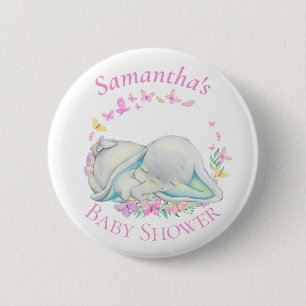 Elephant Butterflies Blue Baby shower Button