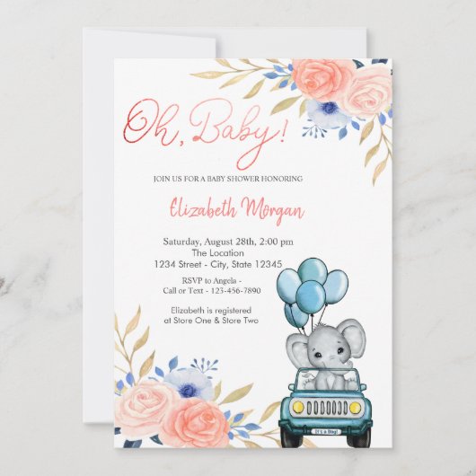Elephant Car, Balloons Florenz Baby shower Kaart (Voorkant)