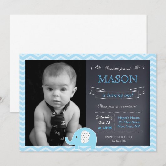 Elephant Chalkboard Birthday Party Invitations Kaart (Voorkant / Achterkant)