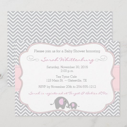 Elephant Chevron Baby shower Invitation - Roze Kaart (Voorkant / Achterkant)