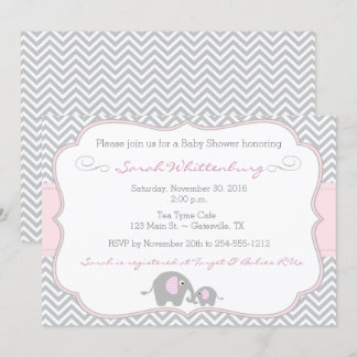 Elephant Chevron Baby shower Invitation - Roze Kaart