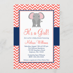 Elephant Chevron Coral Navy Blue Girl Baby shower Kaart
