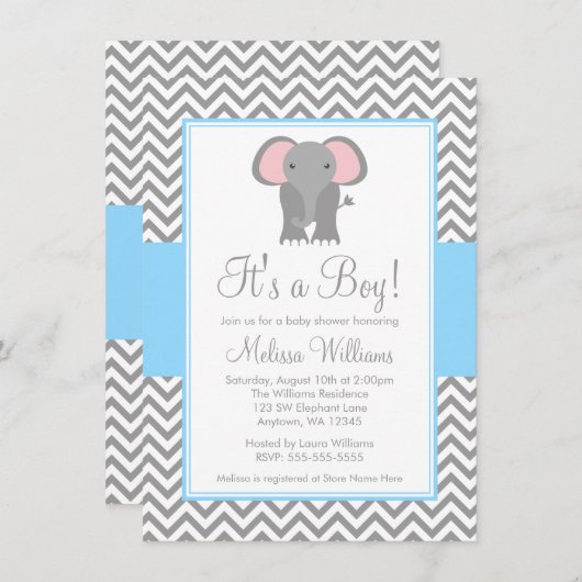 Elephant Chevron Light Blue Grey Baby shower Kaart (Voorkant / Achterkant)