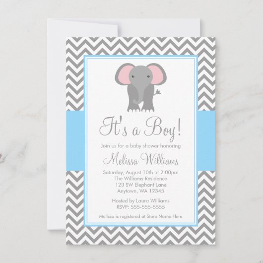 Elephant Chevron Light Blue Grey Baby shower Kaart (Voorkant)