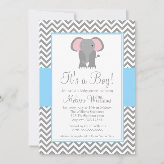 Elephant Chevron Light Blue Grey Baby shower Kaart (Voorkant)