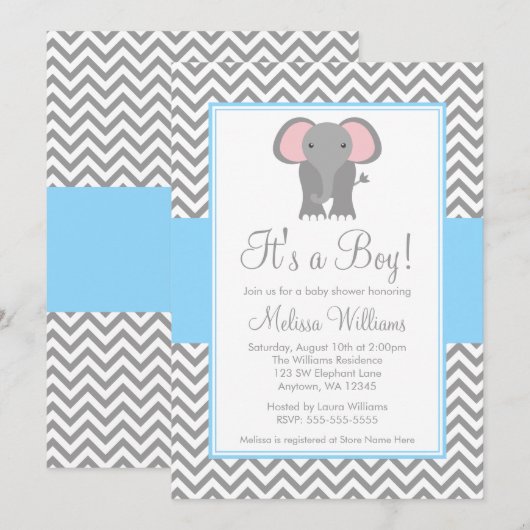 Elephant Chevron Light Blue Grey Baby shower Kaart (Voorkant / Achterkant)