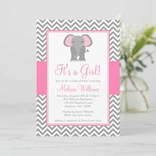 Elephant Chevron Pink Grey Girl Baby shower Kaart (Staand voorkant)