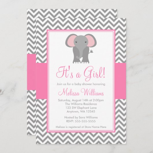 Elephant Chevron Pink Grey Girl Baby shower Kaart (Voorkant / Achterkant)