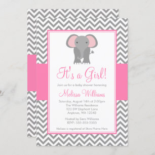 Elephant Chevron Pink Grey Girl Baby shower Kaart