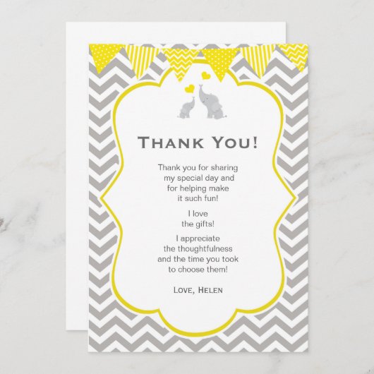 Elephant Chevron Yellow Baby shower Hartelijk dank Bedankkaart (Voorkant / Achterkant)