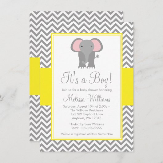 Elephant Chevron Yellow Grey Baby shower Kaart (Voorkant / Achterkant)