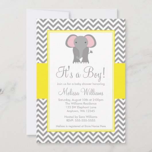 Elephant Chevron Yellow Grey Baby shower Kaart (Voorkant)
