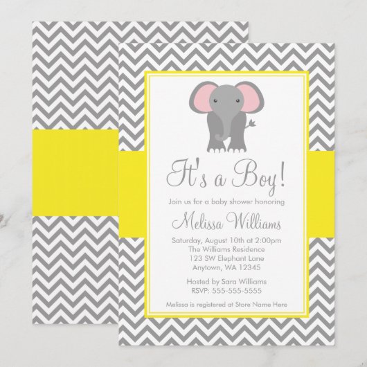 Elephant Chevron Yellow Grey Baby shower Kaart (Voorkant / Achterkant)