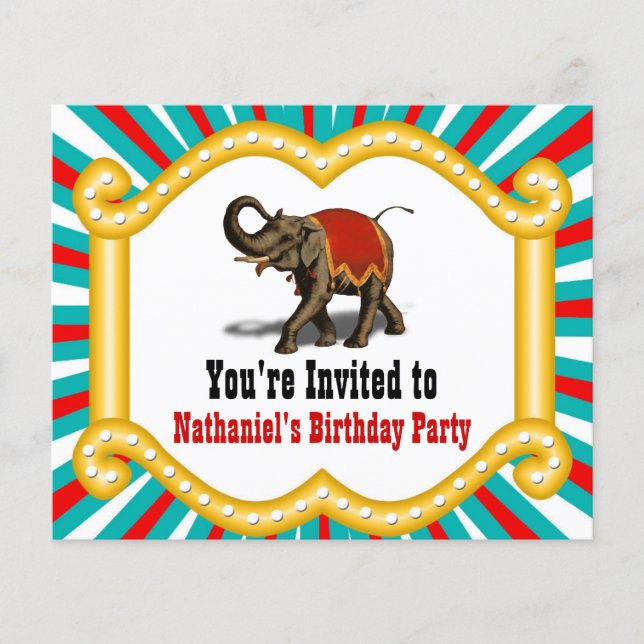 Elephant Circus Kids Birthday Party Invitation (Voorkant)