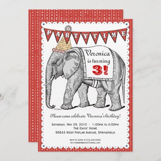  Elephant Circus Parade-uitnodiging - Rood Kaart (Voorkant / Achterkant)