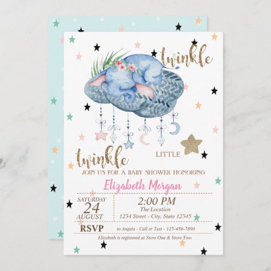 Elephant Cloud, Twinkle Little Star-Baby shower Kaart (Voorkant / Achterkant)