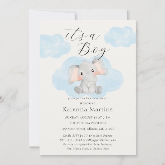 Elephant Clouds: Het is een Baby shower voor jonge Kaart (Voorkant)