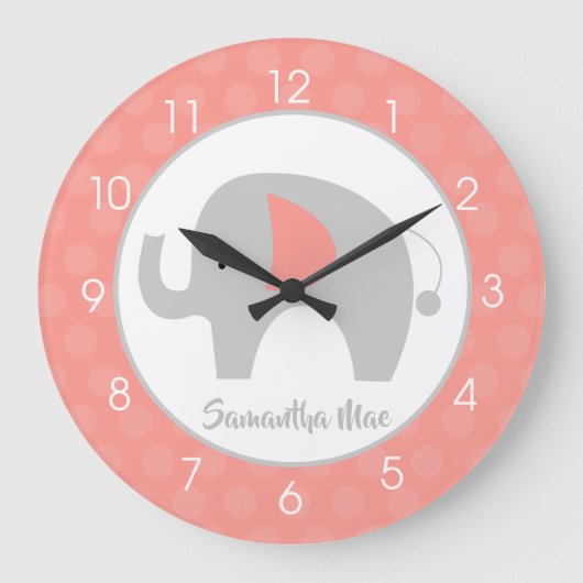 Elephant Coral and Grey Nursery Girls Grote Klok (Voorkant)