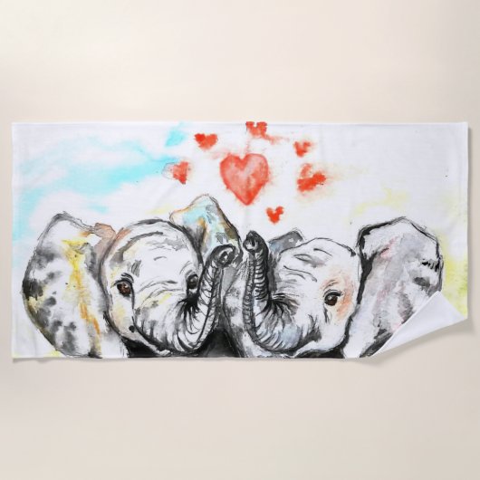 Elephant Couple Beach Towel Love Painting Strandlaken (Voorkant)