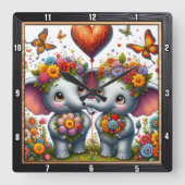 Elephant Couple Floral Crown Vierkante Klok (Voorkant)