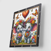 Elephant Couple Floral Crown Vierkante Klok (Hoek)