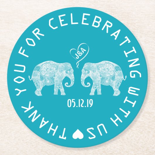 Elephant Couple Love Heart Custom Weddenschap Favo Ronde Kartonnen Onderzetter (Voorkant)
