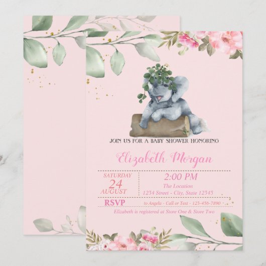Elephant Cute Elephant, Verlof, Floral Baby shower Kaart (Voorkant / Achterkant)