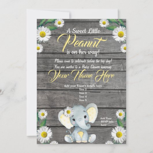 Elephant Daisy Baby shower Invitation, rustisch Kaart (Voorkant)