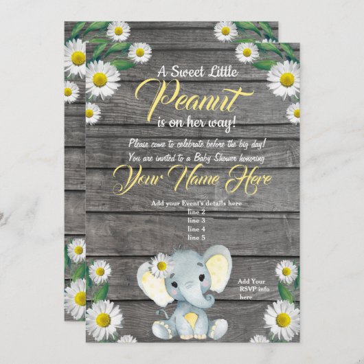 Elephant Daisy Baby shower Invitation, rustisch Kaart (Voorkant / Achterkant)