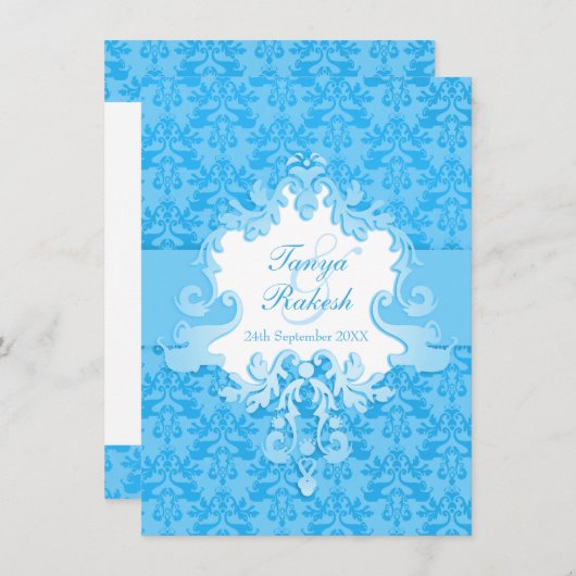Elephant damask aqua blue bruiloft uitnodiging (Voorkant / Achterkant)