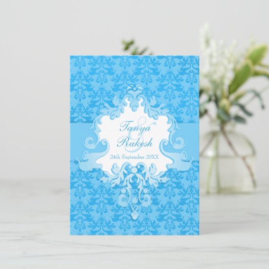 Elephant damask aqua blue bruiloft uitnodiging (Staand voorkant)