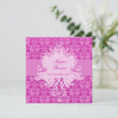 Elephant damask mauve bruiloft vierkant uitnodigin kaart (Staand voorkant)