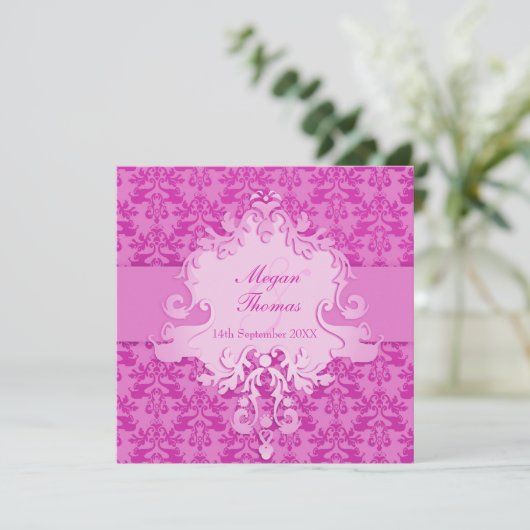 Elephant damask mauve bruiloft vierkant uitnodigin kaart (Staand voorkant)