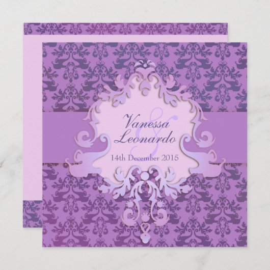 Elephant damask paars square bruiloft uitnodiging (Voorkant / Achterkant)