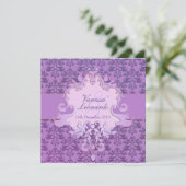 Elephant damask paars square bruiloft uitnodiging (Staand voorkant)