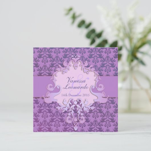 Elephant damask paars square bruiloft uitnodiging (Staand voorkant)