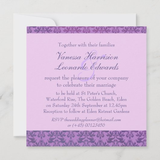 Elephant damask paars square bruiloft uitnodiging (Achterkant)