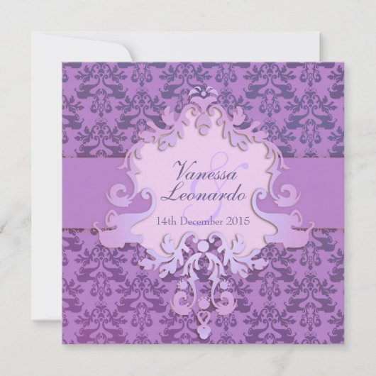 Elephant damask paars square bruiloft uitnodiging (Voorkant)