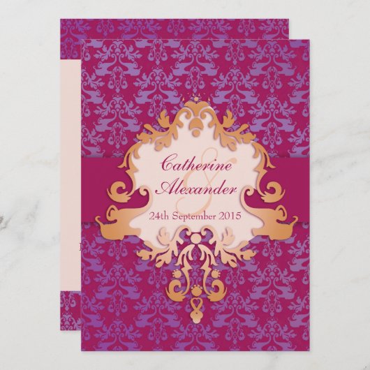 Elephant damask red gouden bruiloft kaart (Voorkant / Achterkant)