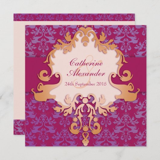 Elephant damask red gouden bruiloft nodigt uit kaart (Voorkant / Achterkant)