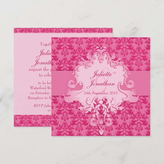 Elephant damask roze bruiloft vierkant kaart (Voorkant / Achterkant)