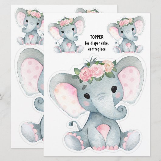 Elephant Diaper Cake Topper, Centerpart decor Kaart (Voorkant / Achterkant)