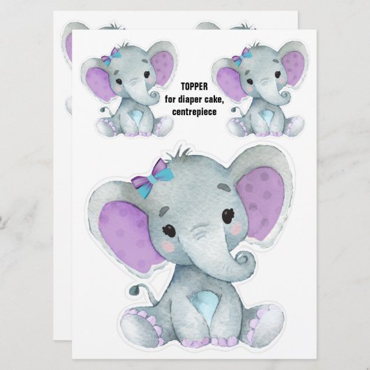 Elephant Diaper Cake Topper, Centerpart decor Kaart (Voorkant / Achterkant)