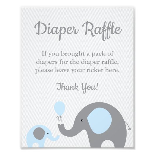 Elephant Diaper Raffle Display Sign in Blue Grey Foto Afdruk (Voorkant)