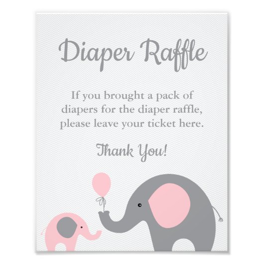 Elephant Diaper Raffle Display Sign in Pink & Grey Foto Afdruk (Voorkant)