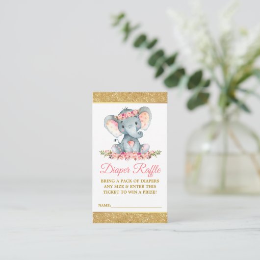 Elephant Diaper Raffle Floral Baby shower Glitter Informatiekaartje (Staand voorkant)