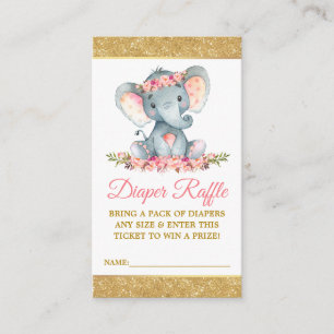 Elephant Diaper Raffle Floral Baby shower Glitter Informatiekaartje