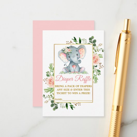 Elephant Diaper Raffle Roze Baby shower Informatiekaartje (Voorkant / Achterkant in situ)