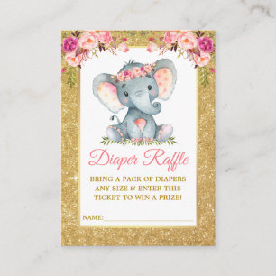 Elephant Diaper Raffle Shower Pink Floral Glitter Informatiekaartje