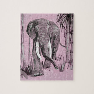 Elephant die door gegoten savanna in roze rolt legpuzzel